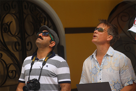 The Center for Computational Science’s Amin Sarafraz, left, and Chris Mader keep a watchful eye on the drone.