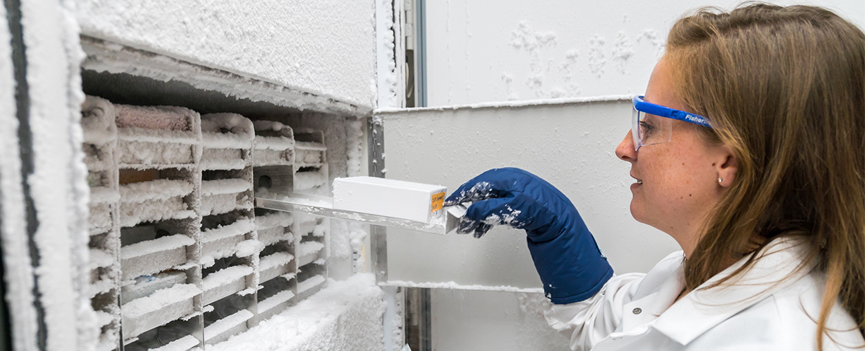 Kaycie Lanpher, a graduate assistant in Cassandra Gaston and Kimberly Popendorf’s laboratory, retrieves aerosol filter samples stored in a minus-80 degree Celsius freezer
